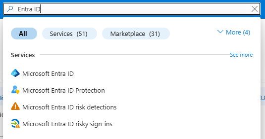 Azure portal search bar with Microsoft Entra ID typed and the Entra ID result highlighted